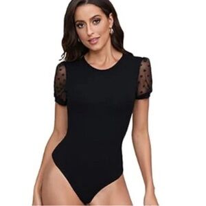 Elegant Woman's Bodysuit / Blouse , Crew Neck Short Lace Sleeve Black Size XXL